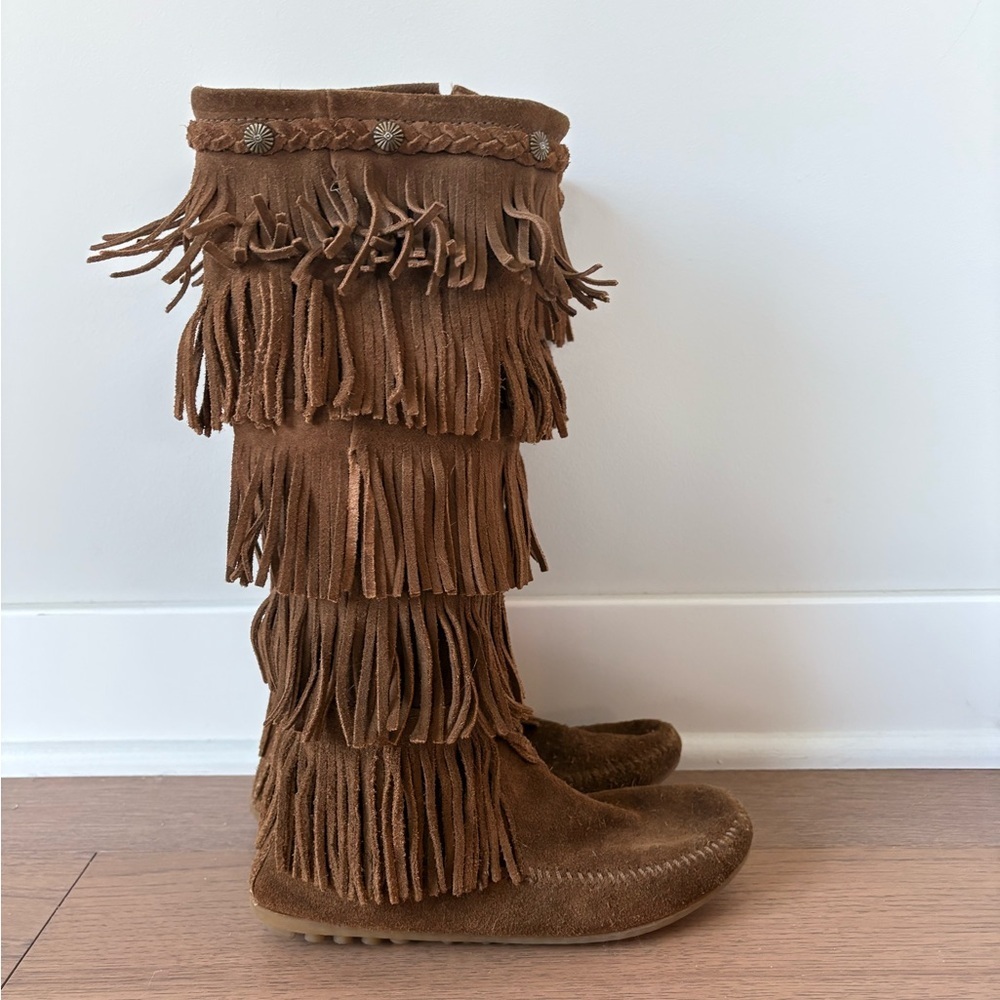 Minnetonka 5 Layer Fringe Boots Size 7 Brown - image 2